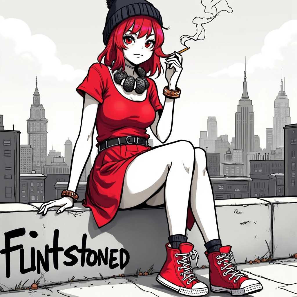 This image is a stylized, monochromatic artwork featuring a character with a pop of red hair and accessories. The character is seated on a ledge, casually leaning against it with one hand resting on their thigh and the other holding a cigarette with a thin, wispy smoke trail. The character is wearing a red dress with a fitted bodice and a flared skirt that ends just above the knee, paired with red high-top sneakers with white laces. They are accessorized with a dark beanie hat, a chunky necklace with large, round beads, and a bracelet on their wrist.The art style is reminiscent of modern street art with a touch of illustration, utilizing bold outlines and flat colors. The medium appears to be a digital illustration, given the clean lines and crisp edges. The colors in the image are primarily black and white, with the exception of the characters red hair and accessories, which stand out against the grayscale background. The reds are vibrant and saturated, providing a stark contrast to the rest of the image.The objects in the image include the character themselves, the ledge they are sitting on, the cigarette they are holding, and the urban backdrop that includes buildings and a cloudy sky. The ledge is textured and appears to be made of concrete, and the graffiti tagged with the word "FLINTSTONED" is spray-painted on the lower left corner of the image, adding to the urban feel. The buildings in the background are indistinct but suggest a cityscape, contributing to the overall gritty aesthetic of the artwork.