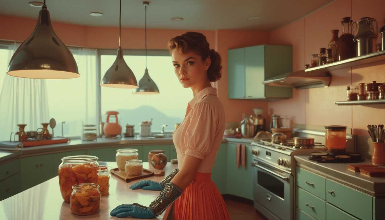 Title:  "Now that we are in the verge of WWIII and a Draft.  Suddenly Liberals can now define with a woman is."  This image depicts a woman, looking at viewer,  in a retro futuristic midcentury modern kitchen, blending vintage glamour with futuristic elements. The art style uses dramatic light and shadow, resembling a high-quality digitally enhanced photograph with cinematic colors: warm tones like peach and coral contrasted by cool blues and grays. The scene features vintage kitchen utensils, glass jars of preserved foods, and cluttered countertops. The woman wears a 1950s blouse and pleated skirt, styled hair, and modern blue gloves, suggesting a scientific touch. It harmoniously combines past nostalgia with speculative science fiction in a visually striking and imaginative composition. Words  "Now that we are in the verge of WWIII and a Draft. 
 Suddenly Liberals can now define with a woman is." 