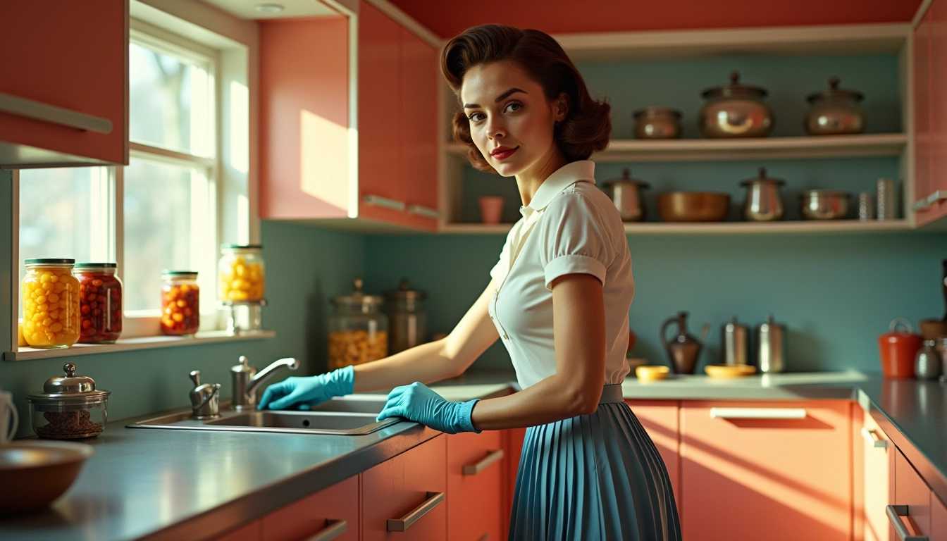 Title:  "Now that we are in the verge of WWIII and a Draft.  Suddenly Liberals can now define with a woman is."  This image depicts a woman, looking at viewer,  in a retro futuristic midcentury modern kitchen, blending vintage glamour with futuristic elements. The art style uses dramatic light and shadow, resembling a high-quality digitally enhanced photograph with cinematic colors: warm tones like peach and coral contrasted by cool blues and grays. The scene features vintage kitchen utensils, glass jars of preserved foods, and cluttered countertops. The woman wears a 1950s blouse and pleated skirt, styled hair, and modern blue gloves, suggesting a scientific touch. It harmoniously combines past nostalgia with speculative science fiction in a visually striking and imaginative composition. Words  "Now that we are in the verge of WWIII and a Draft. 
 Suddenly Liberals can now define with a woman is." 