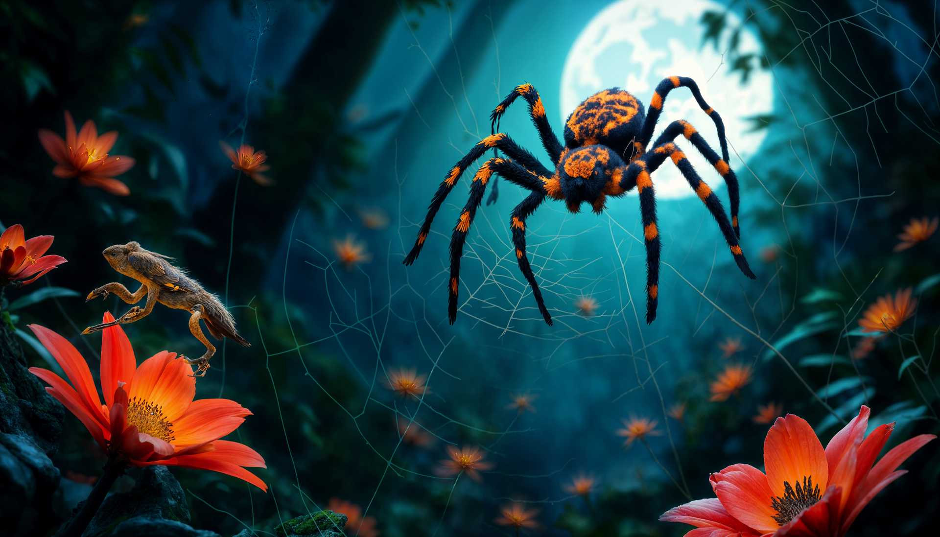 Magical Nighttime Forest with Spider and Insect on Flower