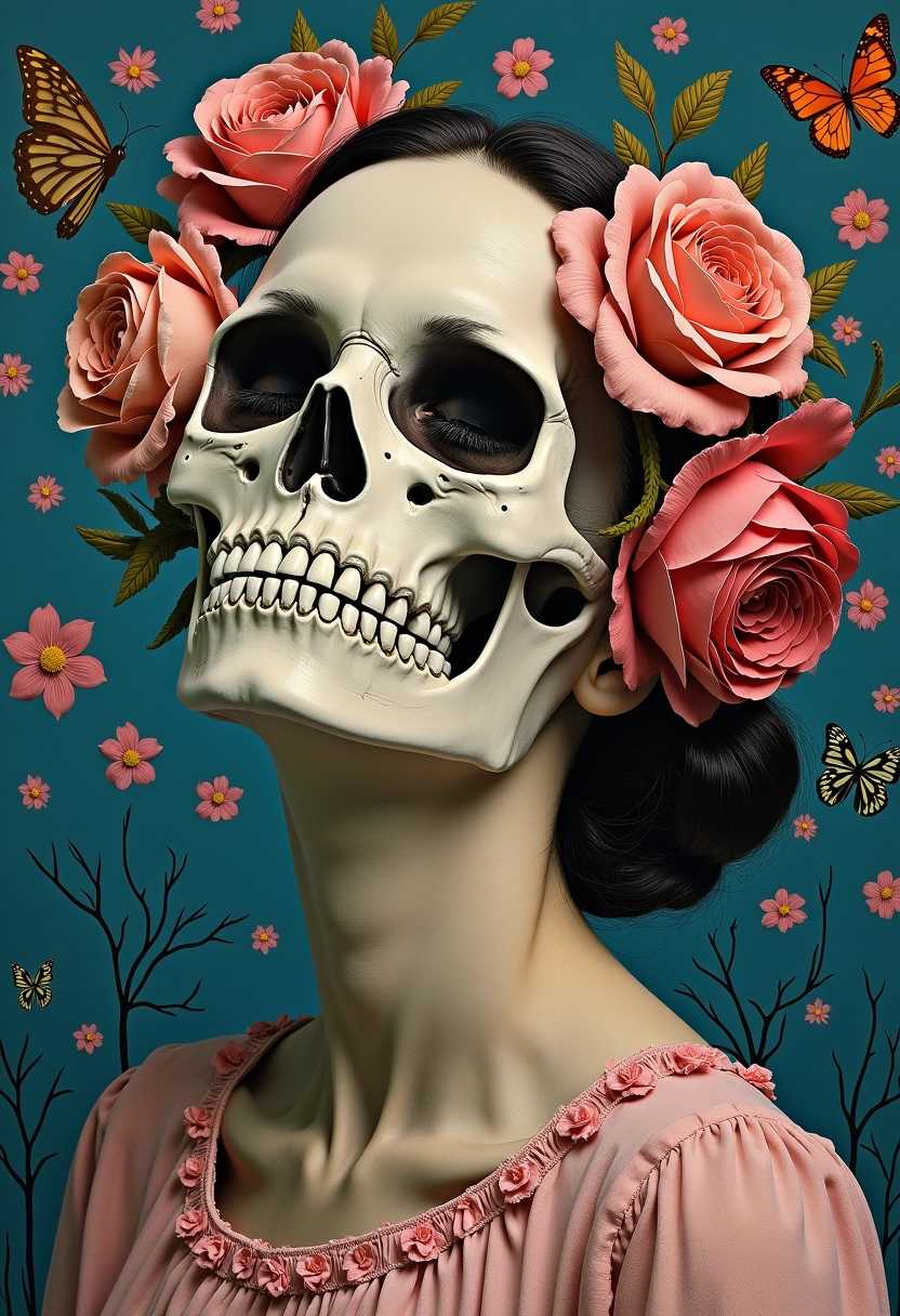 a painting of a woman with a skull in her face, a silk screen by Mab Graves, skull diggerie, creepy, weird, haute couture of the deadliest, surreal, psychedelic, Candy style, psychotic, creepy stuff, Horror, birdcages, Nicoletta Ceccoli, Moths, Schwarzenegger Roses, Thorns, ornamental, Pastel coloured, weird, taxidermy, gothic art, Horror-Romance, Natalie Shau Tom Bagshaw, style of Emil Melmoth,