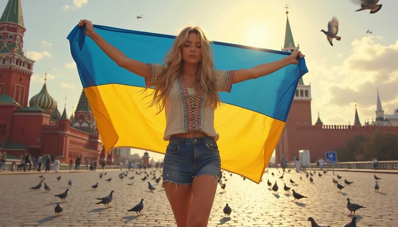 Oil painting style, a stunning young woman standing proudly in the center of Red Square, Moscow, holding a Ukraine flag. Her arms are extended outward to her sides, with both hands gripping the top corners of the flag, slightly above shoulder height. The flag is fully unfurled and drapes slightly as she holds it up. Her torso faces directly forward with a slight lean backward, giving her a confident and upright posture. Her legs are straight and close together, feet firmly planted on the cobblestone ground. She is wearing a vyshyvanka and denim shorts, with a slightly windswept look to her blonde hair. Behind her, the iconic Saint Basil's Cathedral and the Kremlin tower are bathed in the warm light of a late afternoon, while pigeons fly in the sky. The painting captures the texture of the cobblestone ground, the soft lighting of the setting sun, and the fine details of her facial expression, which conveys pride and confidence.