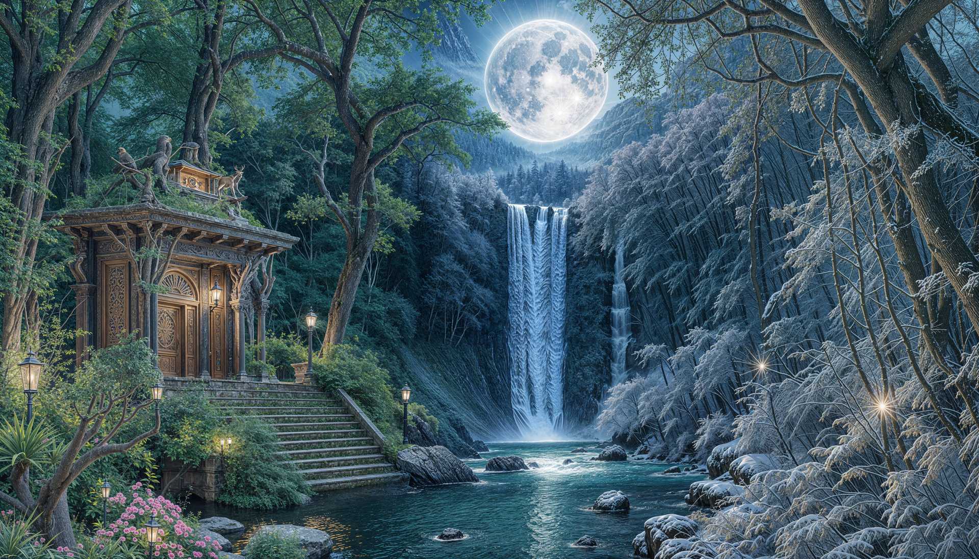 Enchanting Moonlit Forest with Majestic Waterfall and Secret Grotto
