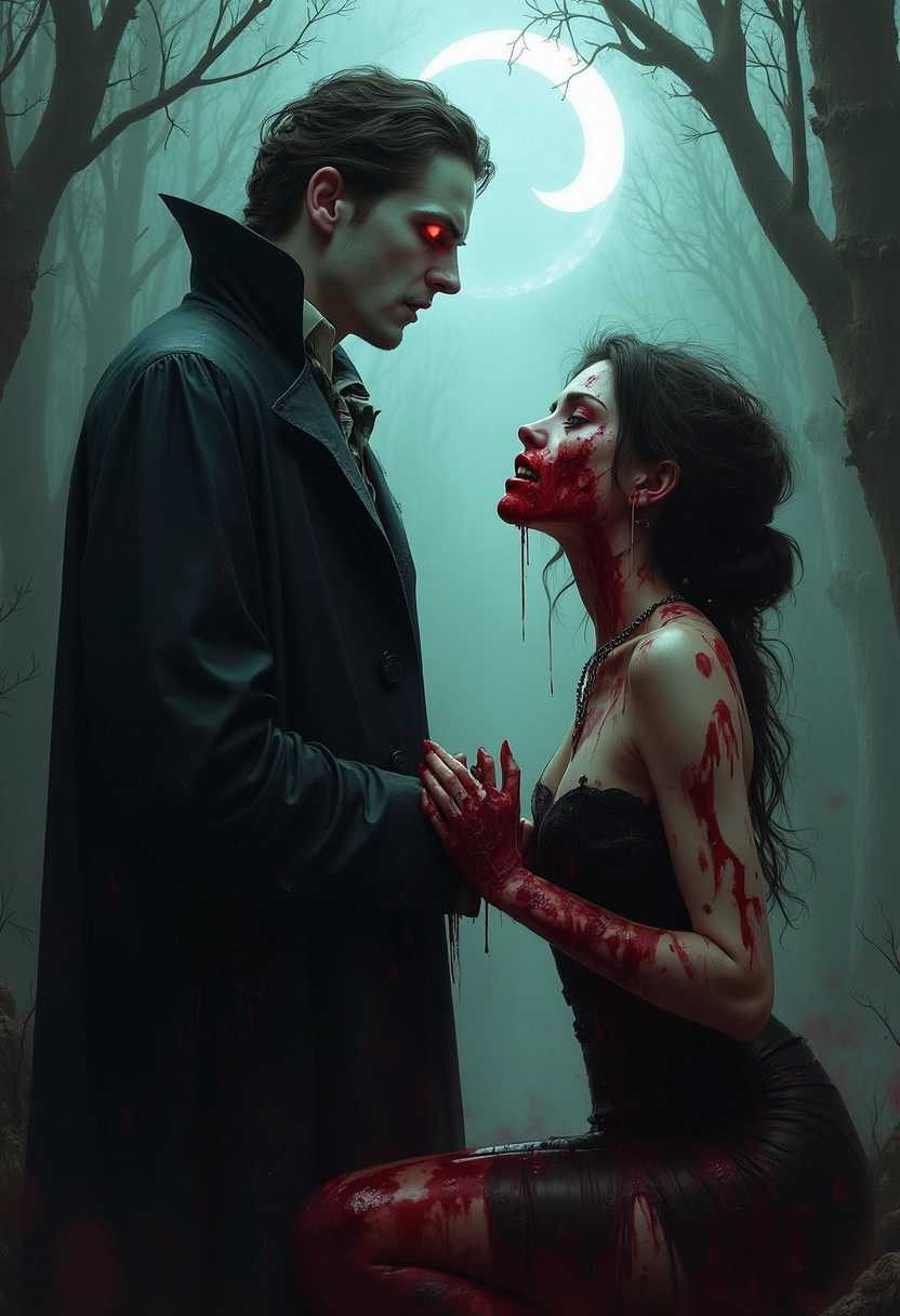 **Title**: "Macabre Union"  
**Description**: An eerie and striking scene featuring a vampire and a cannibalistic woman, both covered in blood.  
**Artistic Style**: Realism mixed with a gothic horror aesthetic.
vampire and cannibal woman, covered in blood

Title: "Macabre Union" Description: An eerie and striking scene featuring a vampire and a cannibalistic woman, both covered in blood. Artistic Style: Realism mixed with a gothic horror aesthetic. Visual Details: - The vampire, with pale skin, glowing red eyes, and sharp fangs, stands tall and menacing. - The cannibal woman, with wild hair and a crazed look in her eyes, has blood smeared across her mouth and hands. - Both characters are adorned in dark, tattered clothing, adding to their menacing appearance. - The blood is depicted in vivid, glossy reds, creating a stark contrast against their pale complexions. - Deep shadows and dim lighting emphasize the gothic and horrific elements of the scene. Composition: - The vampire is positioned slightly to the left, glancing sideways at the cannibal woman. - The cannibal woman is crouched to the right, seemingly in mid-lunge, with her attention fixated on the vampire, creating tension. - The background is a desolate, dark forest, with towering, twisted trees cloaked in fog. - A crescent moon high in the sky casts an eerie glow over the scene, enhancing the macabre atmosphere. Mood and Atmosphere: -
- Both characters are adorned in dark, tattered clothing, adding to their menacing appearance. 
- The blood is vividly depicted in glossy, intense reds, creating a stark contrast against their pale complexions.
- Deep shadows and dim lighting emphasize the gothic and horrific elements of the scene.

**Composition**: 
- The vampire is positioned slightly to the left, glancing sideways at the cannibal woman.
- The cannibal woman is crouched to the right, seemingly in mid-lunge, with her attention fixated on the vampire, creating palpable tension.
- The background is a desolate, dark forest, with towering, twisted trees cloaked in thick fog.
- A crescent moon high in the sky