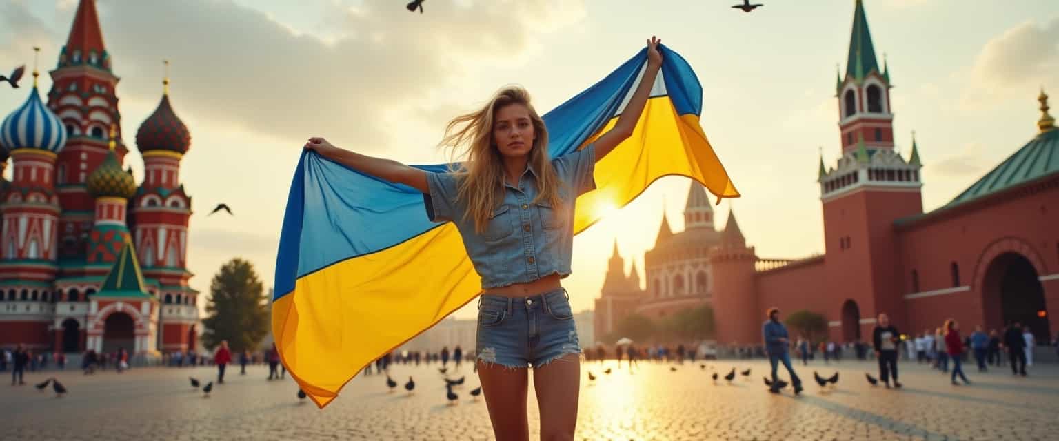 Oil painting style, a stunning young woman standing proudly in the center of Red Square, Moscow, holding a Ukraine flag. Her arms are extended outward to her sides, with both hands gripping the top corners of the flag, slightly above shoulder height. The flag is fully unfurled and drapes slightly as she holds it up. Her torso faces directly forward with a slight lean backward, giving her a confident and upright posture. Her legs are straight and close together, feet firmly planted on the cobblestone ground. She is wearing a vyshyvanka and denim shorts, with a slightly windswept look to her blonde hair. Behind her, the iconic Saint Basil's Cathedral and the Kremlin tower are bathed in the warm light of a late afternoon, while pigeons fly in the sky. The painting captures the texture of the cobblestone ground, the soft lighting of the setting sun, and the fine details of her facial expression, which conveys pride and confidence.