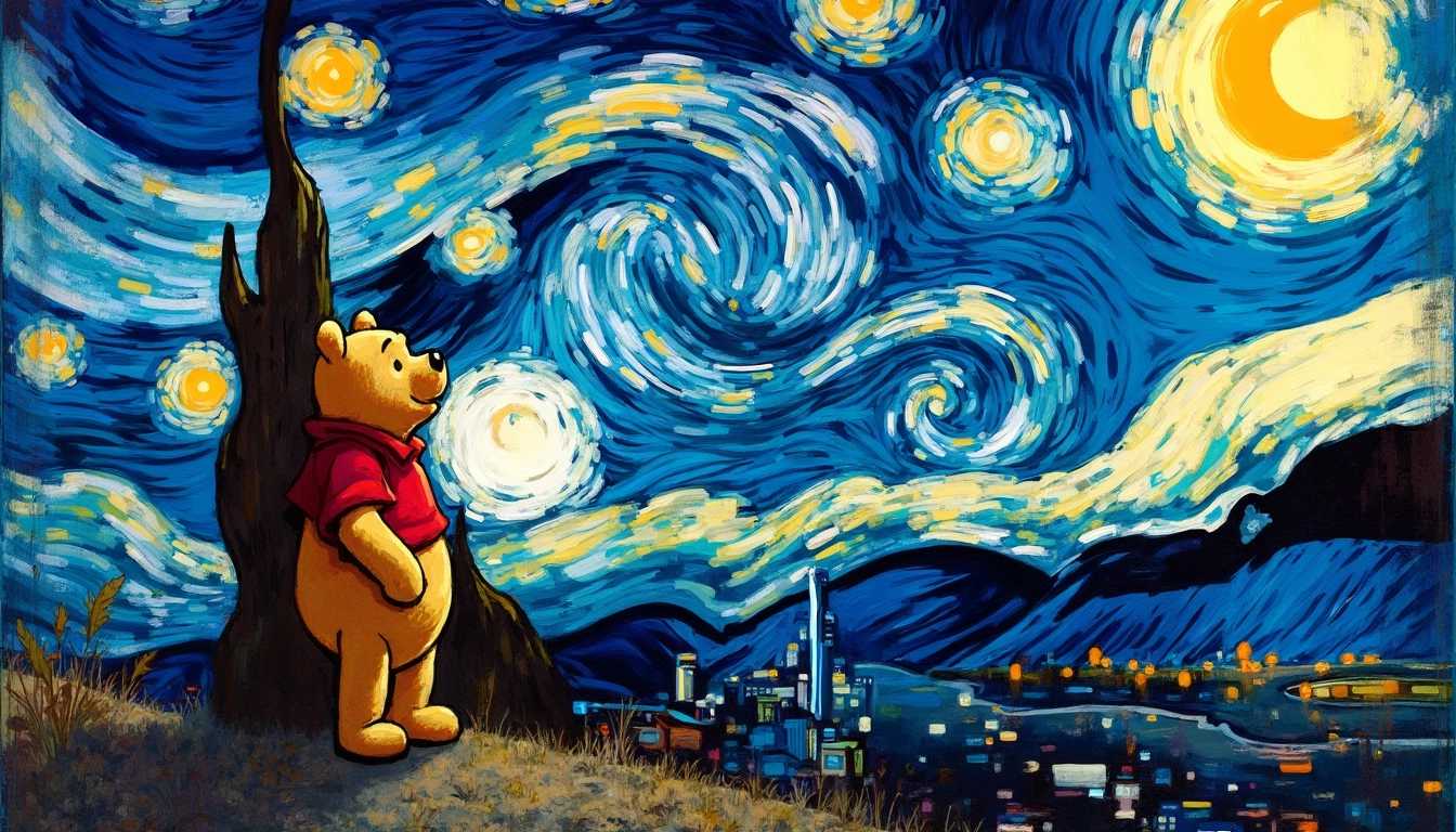 Pooh Bear Stands in Contemplation under Van Goghs Starry Night