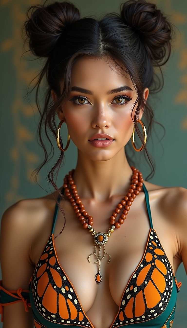 Create an image of a (((young, sexy and sensual woman, erotic small breasts and sensual, with hair styled in two buns, incorporating shades of vibrant orange, yellow and black to resemble the patterns of the monarch butterfly. Include accessories detailed such as large hoop earrings and a necklace adorned with orange beads and a circular pendant. The outfit should be teal with intricate orange patterns that imitate the wings of a butterfly. Make sure the background has soft tones that complement the color scheme. of the young woman.