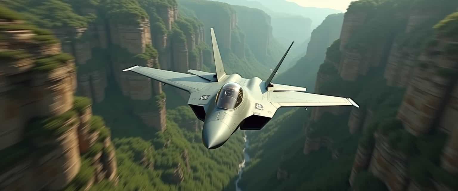 Made a detailed picture of the F 22 raptor fighter jet doing a stylist flying towards the camera, he moved very fast, so the picture was blurry when moving. The background is green canyon, cinematic, natural colors, realistic details. -