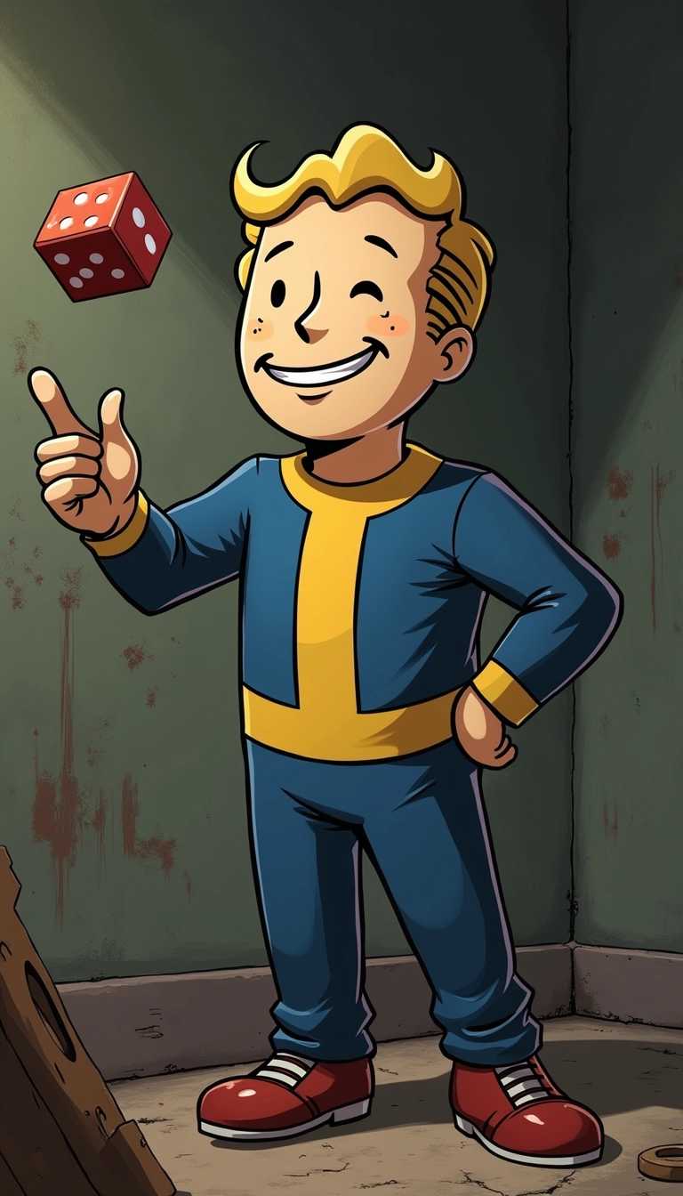 draw a 3D vault boy from fallout with a naughty grin and throwing a die towards the fourth wall