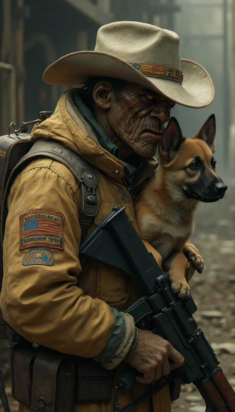 create an image of a Vault-Tec style of Fallout, a close up of The Ghoul, with a cowboy hat, ghoulish looking face, wrinkled melatonin skin, with his young German Shepherd military puppy dog, bandolier with a long duster, six gun and belt. Background, dirty, a dystopian landscape