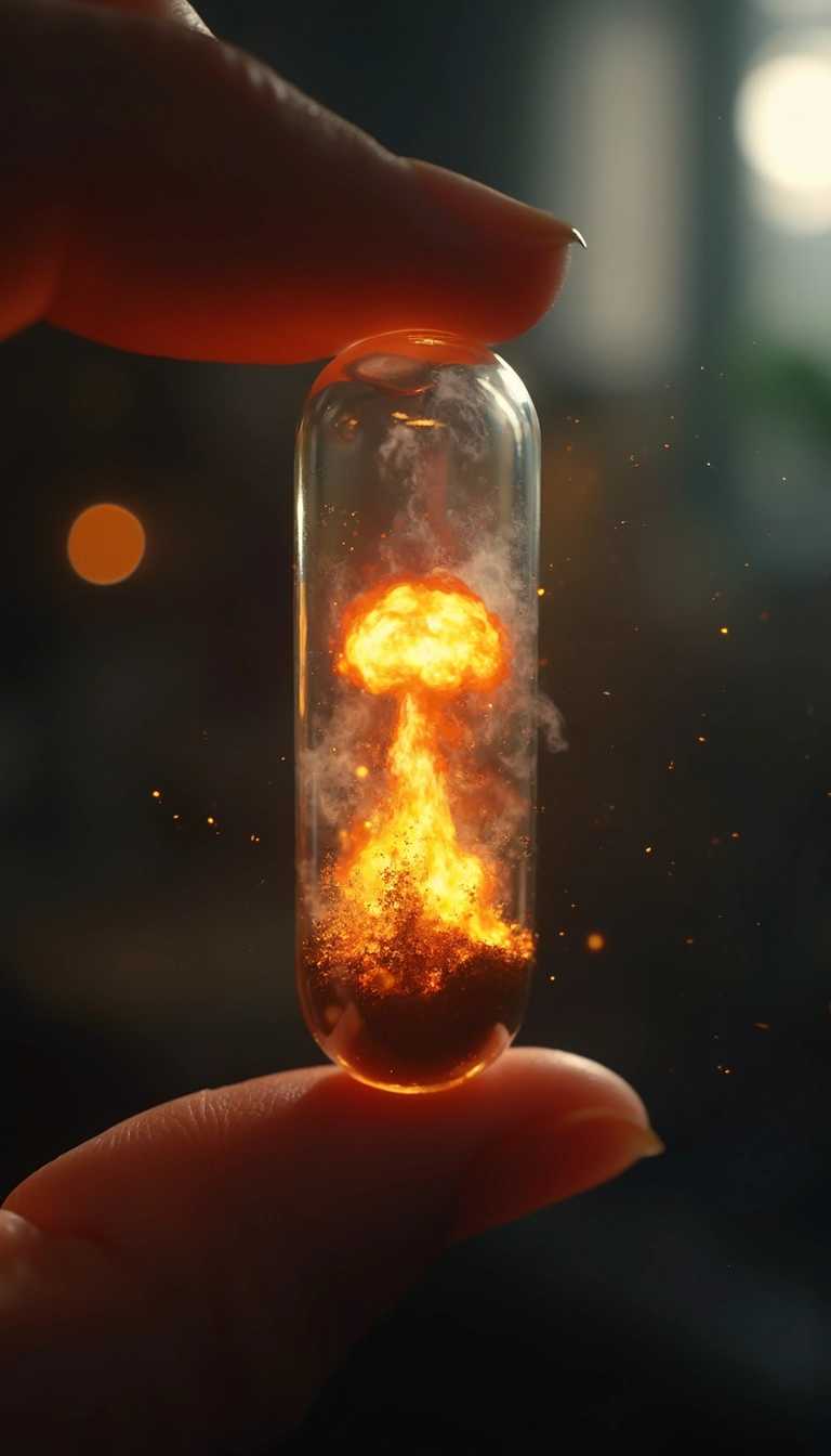 A transparent glass of very very small slim capsule is being held by fingers, inside the capsule there is a nuclear explosion, there is smoke and fire, the background of a cozy room, dark light, cinematic, ultra HD, very detailed, sharp focus, long shoot photography