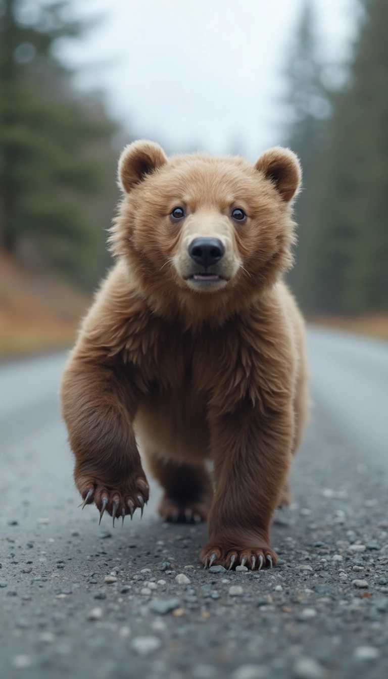 close-up panoramic photograph looking-up at advancing paws of concerned, surprised and excited fuzzy-obese baby-Bear: struts, taking his first steps down an Alaskan road; The adorable Cub is leaning way back clumsily, as he takes huge steps 