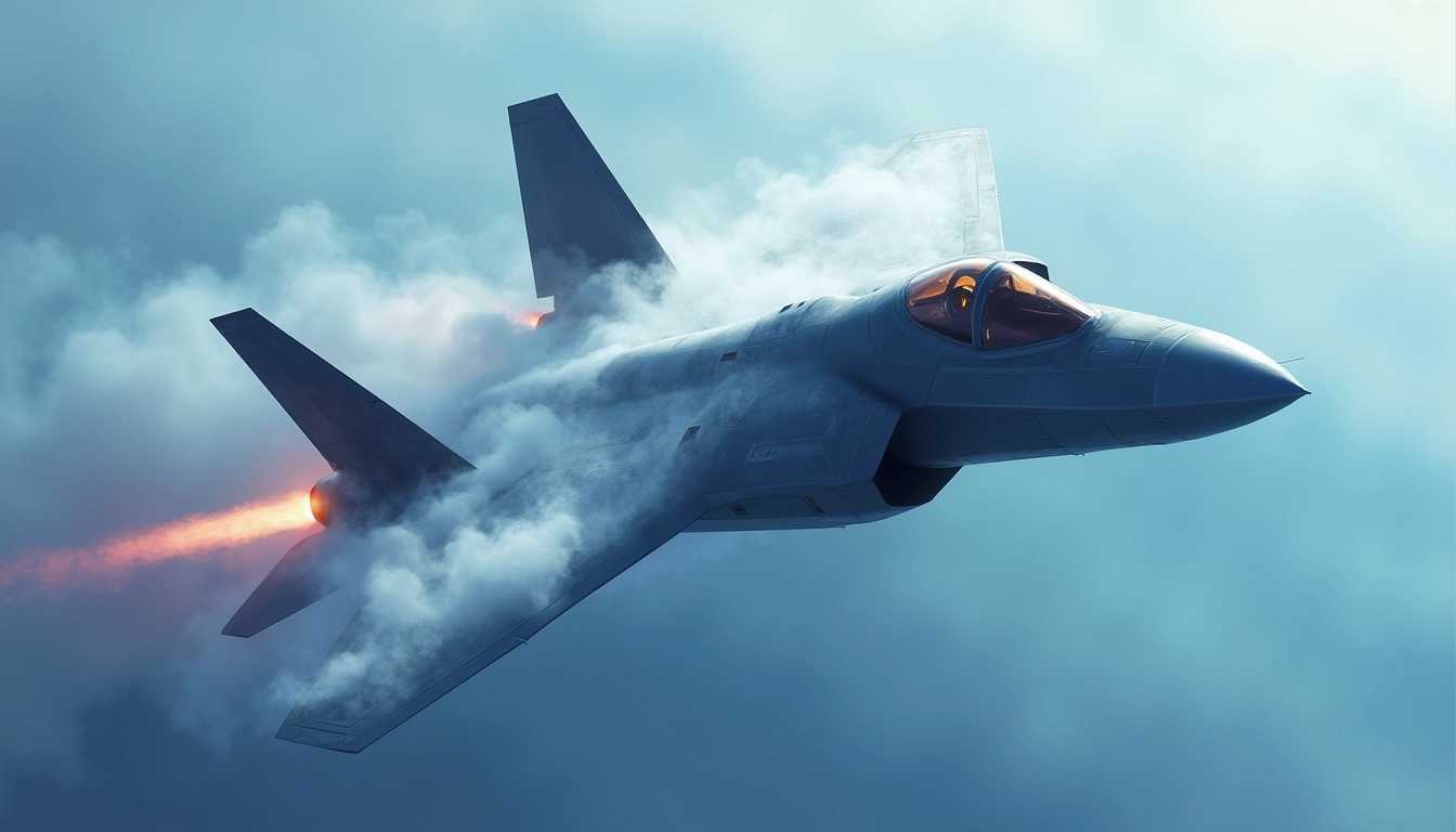 Create an image of a modern stealth fighter F-22 Raptor, on a bright blue sky, in mid-flight performing a sharp maneuver. The aircraft is angled sharply towards the left with its left wingtip pointing down, suggesting a bank or roll. The jet is enshrouded in thick, wispy white vapor or cloud reminiscent of condensation clouds often formed at high speeds and maneuvers, which wrap around the aircraft\'s body, wings, and tail fins. The vapor trails, from rain, express dynamic motion swirling around the fuselage. The aircraft’s skin features angular panels and stealthy facets, characteristic of stealth design, in varying shades of dark gray and muted blues, highlighting its polygonal stealth characteristics. The afterburners are ignited, emitting a bright orange glow of fire, and two distinct pinkish flame trails that extend outward from the rear, indicating powerful thrust. The background is a featureless, muted light blue sky, providing a simple gradient from lighter at the top to dark