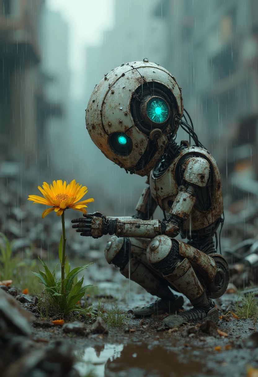 Cinematic 3D matte paint render; Create a post-apocalyptic scene; A robot kneeling down in the rain to observe a yellow flower plant. The robot is scratched and rusty, with intricate mechanical details and blue lights for eyes. Raindrops fall around it, creating a peaceful yet somber atmosphere. The background shows the ruins of a city filled with piles of metal trash. The robot’s gentle interaction with the flower evokes curiosity and tenderness.
