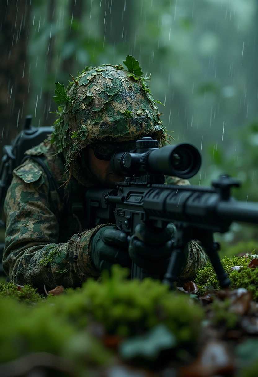 A world-famous sniper is seen wearing equipment that at first glance looks like a toys McMillan TAC-50 and his camouflage suit, the details of which closely resemble the natural conditions around him, with green leaves and plants on his camouflage suit , lying on the moss. Full ground and aiming at a target. The background is a rainy, dense atmosphere inside a rainforest with dark lights that make the atmosphere seem creepier.