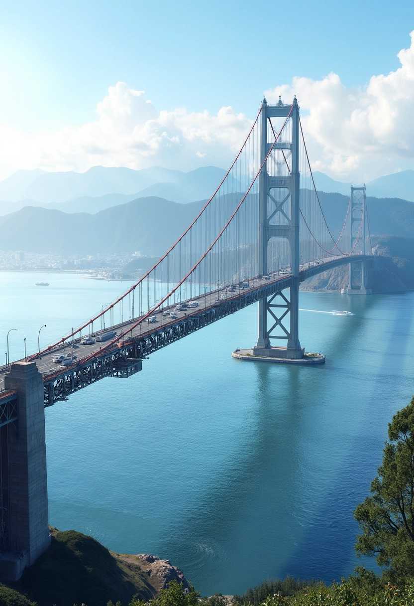 A 3D realistic drawn image of the Lions Gate Bridge of Vancouver, which gives an idea of its length, 32k 