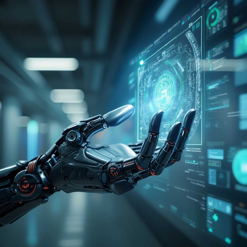 "A photorealistic image of a cybernetic human hand, a seamless blend of organic skin and advanced mechanical components, reaching out towards a futuristic touchscreen interface. The metallic fingers feature intricate gears and wiring, reflecting cool, white ambient light. The interface is transparent, displaying vibrant, floating holograms with ultra-fine details. The hand's skin has a lifelike texture, contrasting with the sleek, polished metal. Taken with a 50mm lens, f/2.8, ISO 100, in a minimalist, high-tech room with soft, diffused lighting that casts subtle shadows, highlighting the hand’s contours and the interface’s luminescence. Aspect Ratio: 1:1 (Square)."**