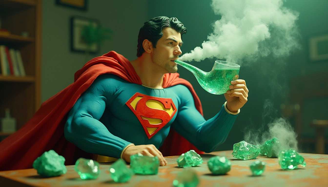 3d nickelodeon-style superman smoking a transparent green smoke-filled pipe with kryptonite in it, and chunks of kryptonite on the table in front of him, Chris LaBrooy, hyper-real, a surrealist sculpture, super flat 