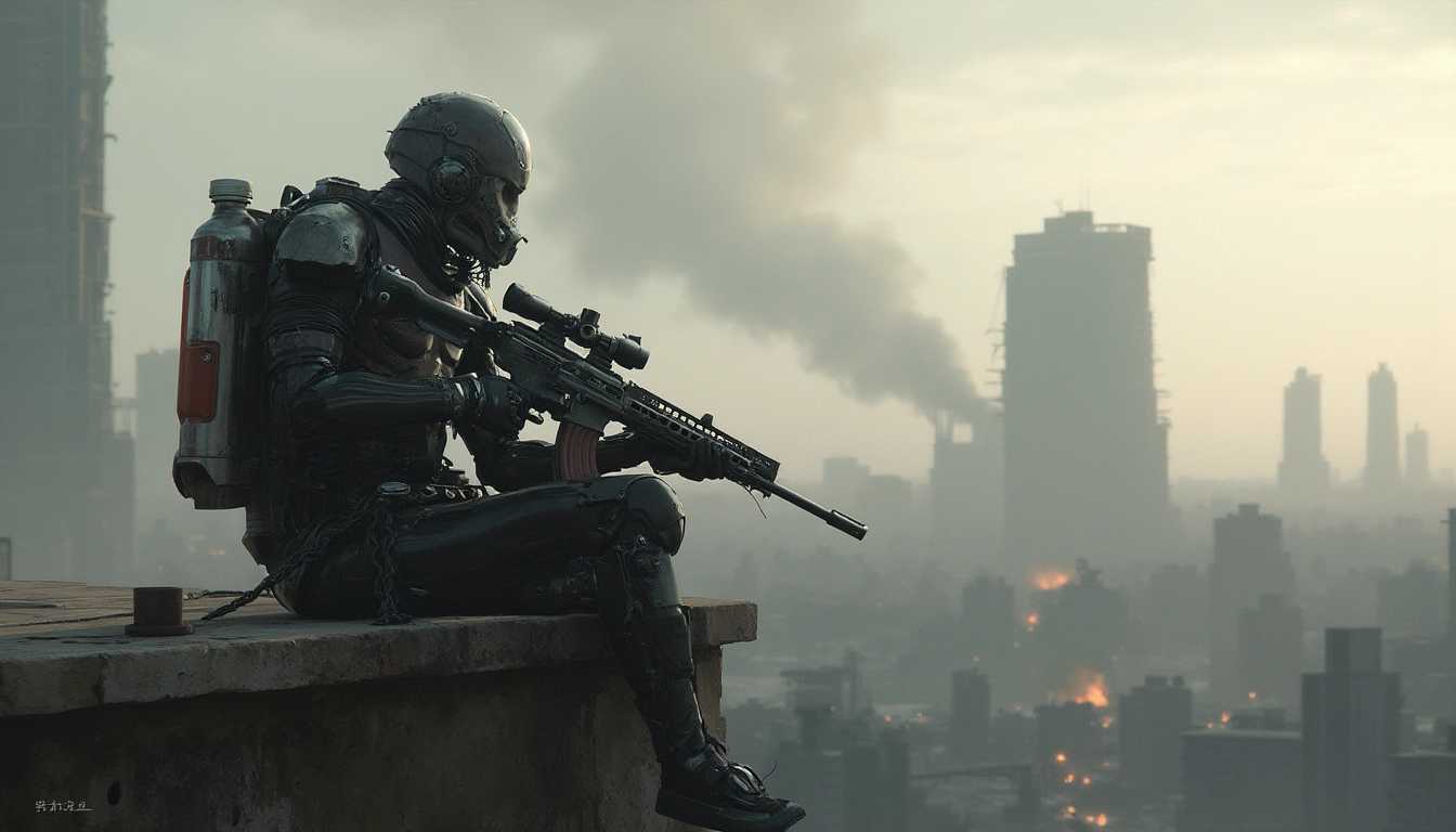 create a realistic cyborg with a sniper rifle, nuclear powerpack symbol, sitting on a wall looking down at a war-torn city, smoke on the horizon, destroyed building, dystopia 