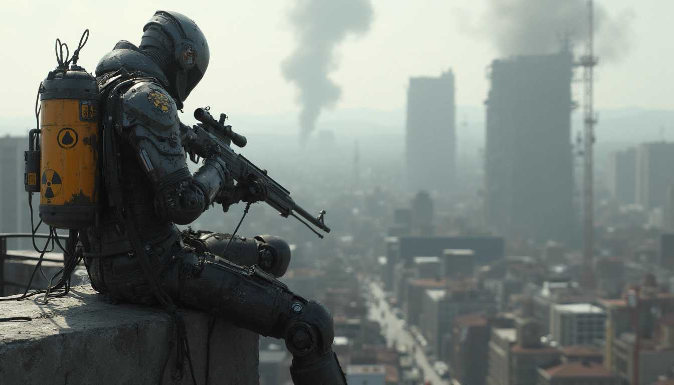 create a realistic cyborg with a sniper rifle, nuclear powerpack symbol, sitting on a wall looking down at a war-torn city, smoke on the horizon, destroyed building, dystopia 
