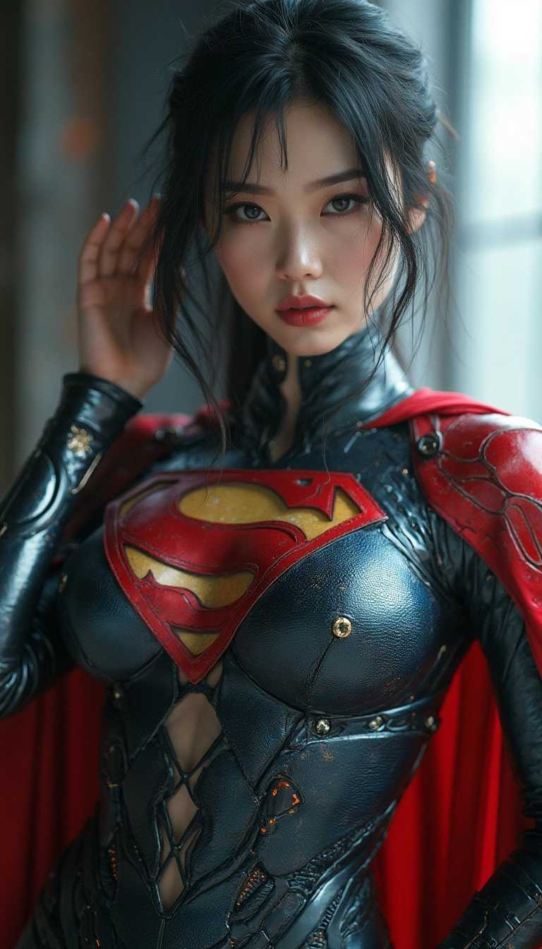 Cyberpunk 2077, Female Human Cyborg, beautiful Asian woman with super delicate face,plump figure , Wearing Superman costume, Composition, Avant - garde fashion by Zhang Jingna, Cinematic Composition, Full Body Portrait 