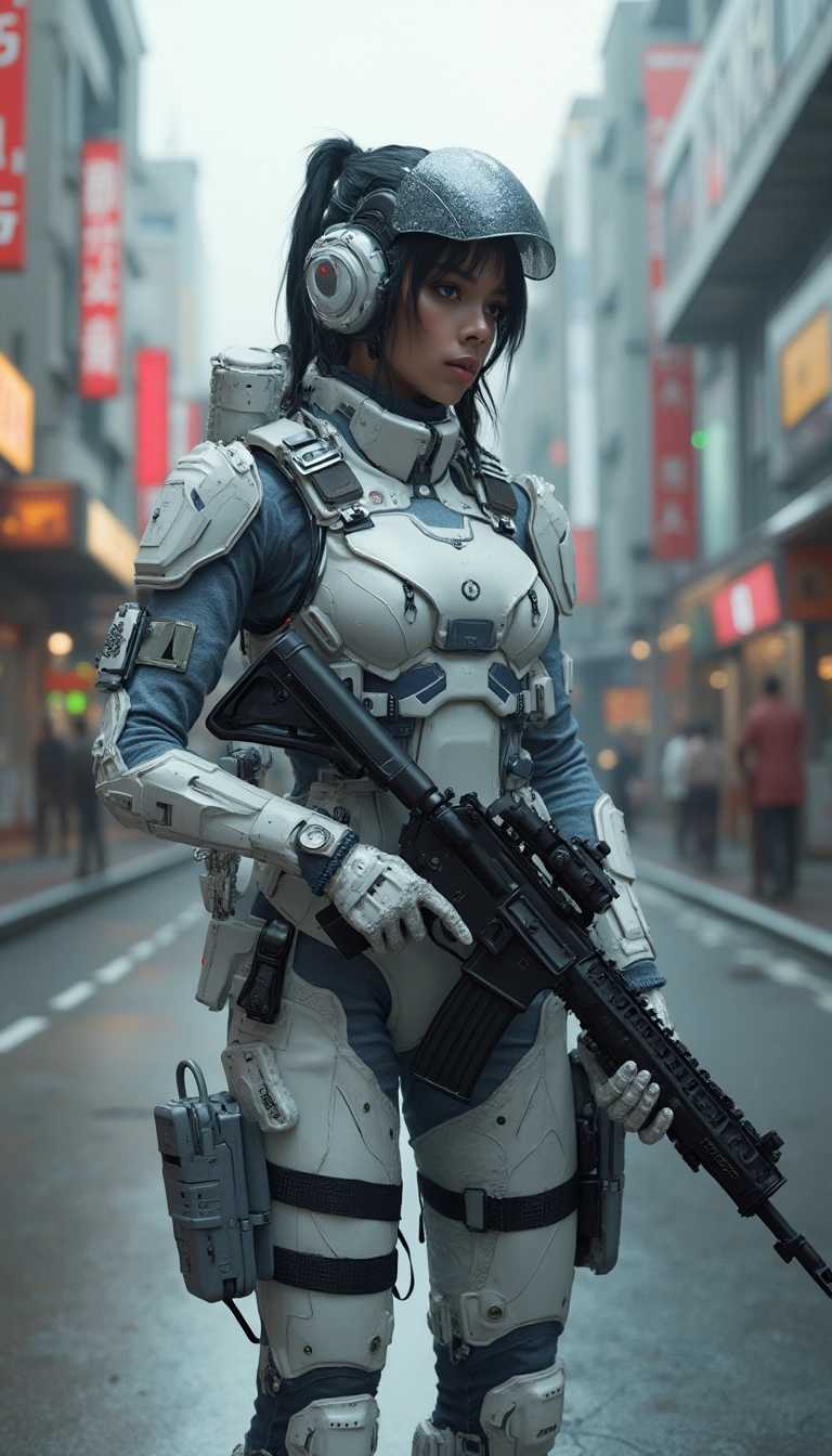 a very beautiful female wearing futuristic translucent military body suit is standing in the street holding a semi-auto rifle with toyoko city background, cyberpunk art, afrofuturism 