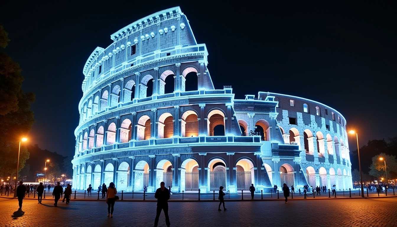 photo of roman colosseum, part is a hologram, at night time with people walking around it and a few lights on the side of the building, street view looking up Andrea Orcagna, volumetric lights, a hologram, holography