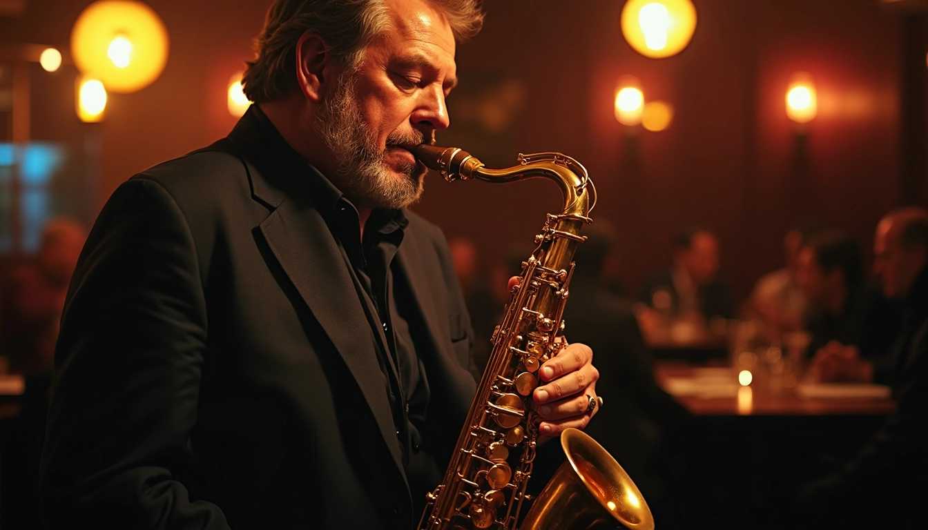 A photorealistic image of a jazz musician playing a saxophone in a dimly lit club. The saxophone gleams under a single spotlight, with warm, golden tones reflecting off its polished brass surface. The musician, a middle-aged man with a focused and expressive face, is captured in mid-note, his eyes closed in deep concentration. His features are softly illuminated by the spotlight, casting delicate shadows that highlight the contours of his face. The background is intentionally blurred, with soft, indistinct silhouettes of the audience and tables, enhancing the intimate and cozy atmosphere of the club. The overall mood is warm and inviting, with the dim lighting creating a sense of closeness and exclusivity. The scene is framed from a low angle, emphasizing the musician and his instrument, with the composition drawing the viewer's eye to the gleaming saxophone. The use of chiaroscuro lighting techniques adds depth and drama to the image, capturing the essence of a live jazz performance in an intimate setting.