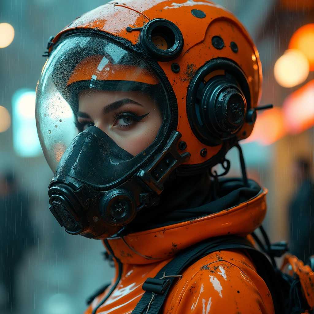 Intense Gaze A CloseUp of a Figure in a HighTech, RainSoaked Orange Spacesuit