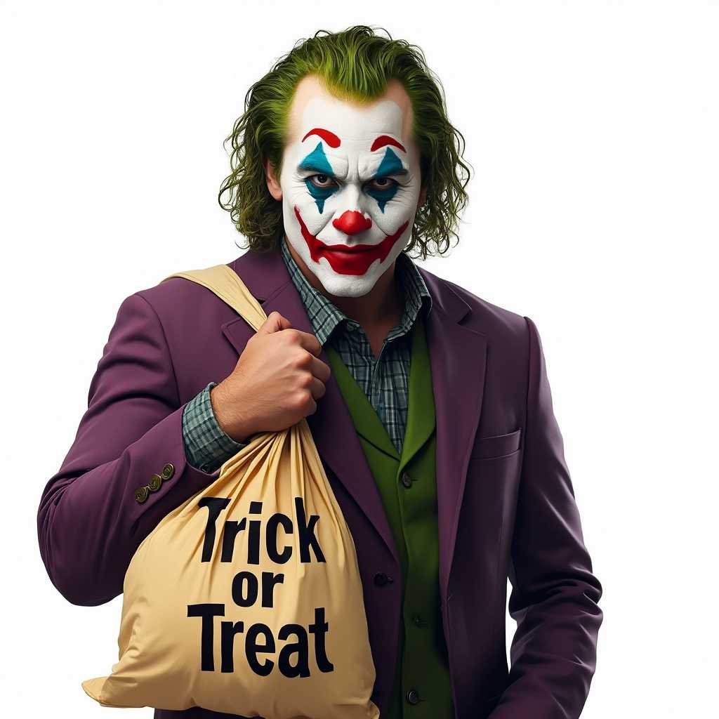 a man with a joker face, holding a bag with the words "Trick or Treat" on it. Background white
