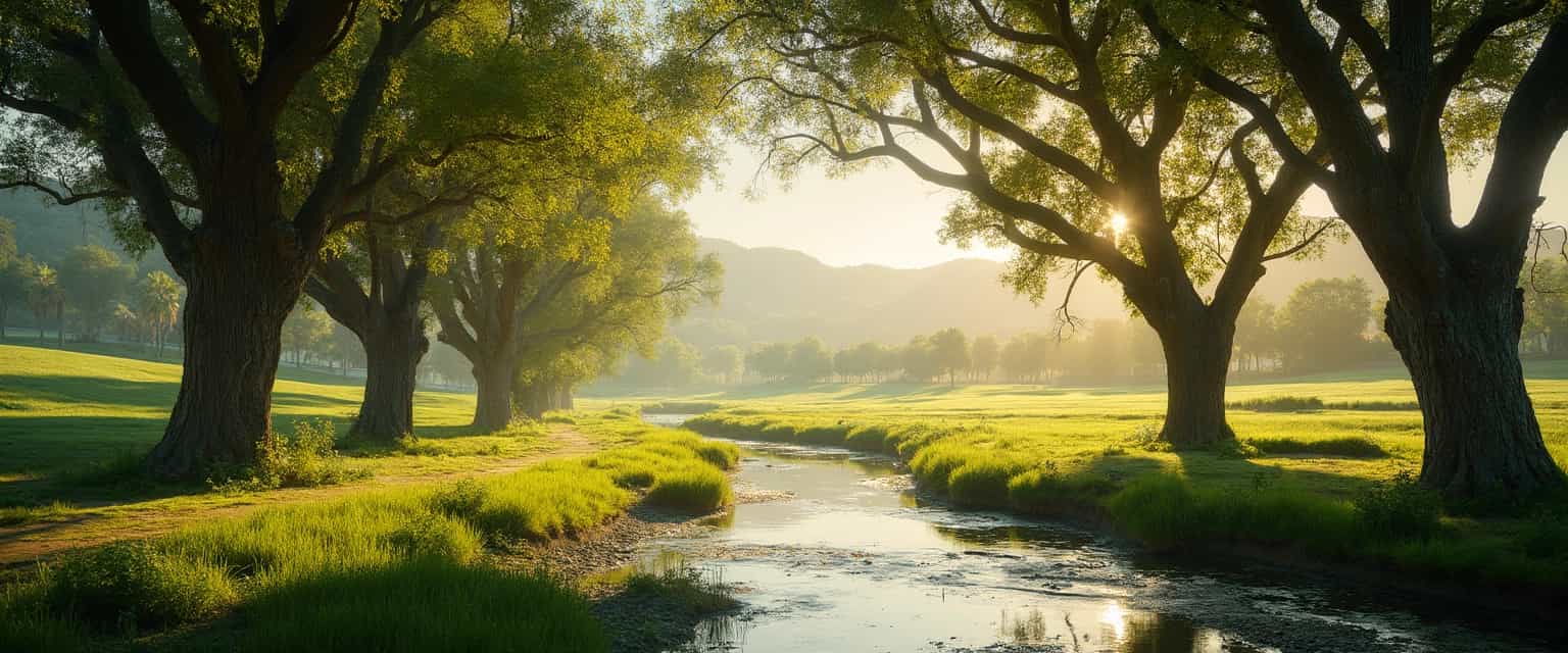 create a header for a company that sell photographs and pictures online, make it beautiful, like a child's memory of the best place on earth, with a valley, sunny california day, with so many different green, orange trees, a small creek