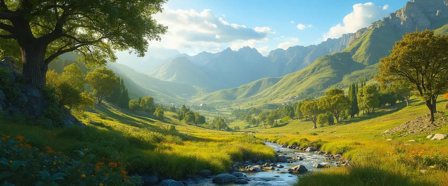 create a header for a company that sell photographs and pictures online, make it beautiful, like a child's memory of the best place on earth, with a valley, sunny california day, with so many different green, ((orange trees 2.3)), a small creek, watermark  in the bottom right with the words "IMGSHOT.COM"
