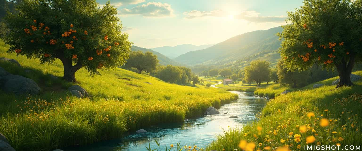 A breathtaking, sunlit valley on a perfect California day, where countless shades of vibrant green fill the landscape with lushness and life. The scenery includes robust orange trees flourishing in the distance with vivid fruits gleaming under the golden sunshine. A sparkling, clear creek winds its way gently through the valley, reflecting the bright sky. This idyllic scene captures the essence of a child's fondest memory, evoking feelings of joy and tranquility. Placed discreetly in the bottom right corner is a subtle yet elegant watermark reading “IMGSHOT.COM”, blending seamlessly with the natural beauty of the picture.