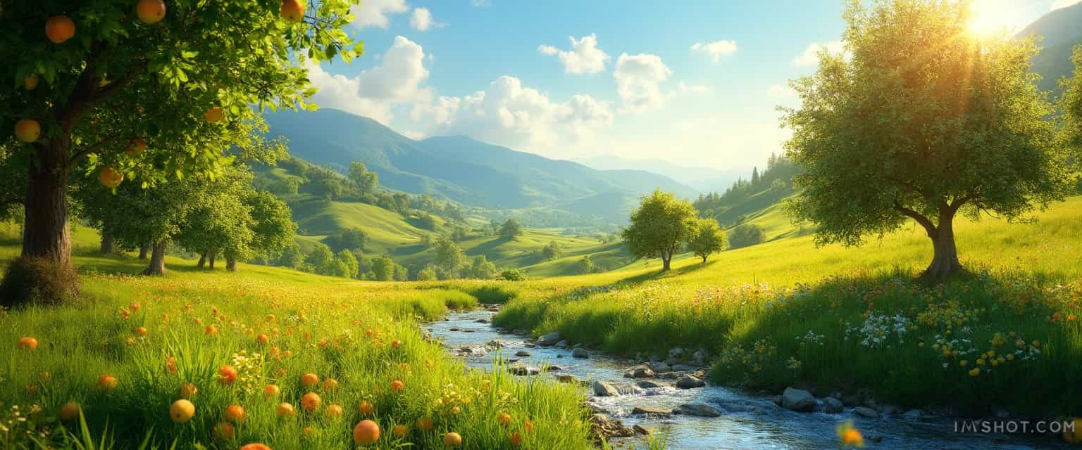A breathtaking, sunlit valley on a perfect California day, where countless shades of vibrant green fill the landscape with lushness and life. The scenery includes robust apple trees flourishing in the distance with vivid fruits gleaming under the golden sunshine. A sparkling, clear creek winds its way gently through the valley, reflecting the bright sky. This idyllic scene captures the essence of a child's fondest memory, evoking feelings of joy and tranquility. Placed discreetly in the bottom right corner is a subtle yet elegant watermark reading “IMGSHOT.COM”, blending seamlessly with the natural beauty of the picture.