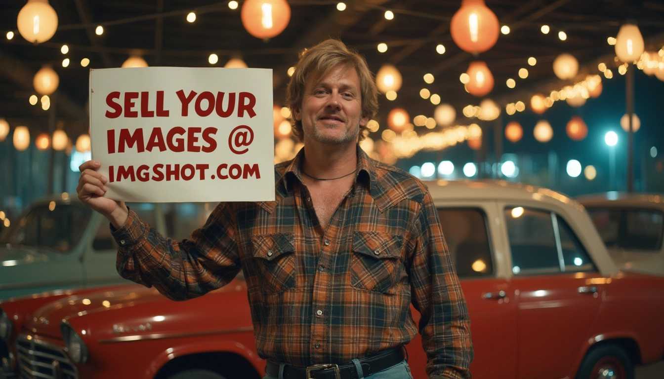 cheesy car salesman in a ugly 1970's plaid shirt holding a sign up with the words "SELL YOUR IMAGES @ IMGSHOT.COM". background a car lot with a string of lantern lights