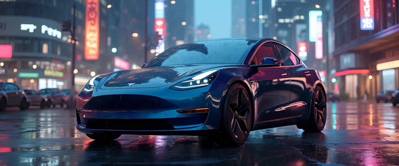 Tesla Cybertruck in a Rainy Night Cityscape