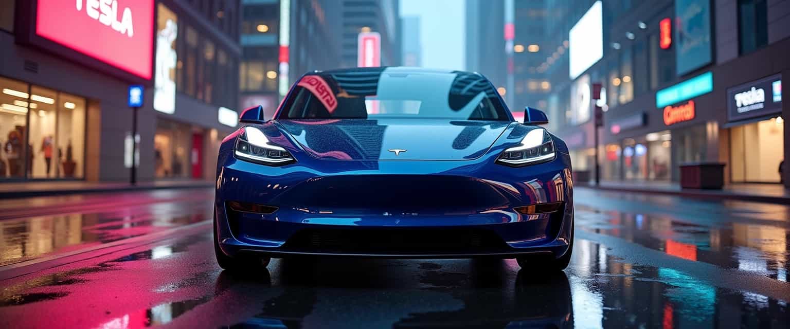 A sleek and futuristic Tesla Model Y parked in an ultra-modern urban environment at twilight. The car's glossy, metallic midnight blue paint reflects the ambient city lights, highlighting its aerodynamic curves and sharp lines. The scene is lit by a combination of glowing neon signs and soft streetlights, casting a vibrant but moody atmosphere. The background features towering skyscrapers with illuminated windows, sleek glass facades, and an intricate grid of streets below, adding complexity to the urban jungle setting. The car is positioned at a slight angle from the front, showing off its iconic Tesla emblem and LED headlights. The ground is slick with recent rain, creating reflective puddles that enhance the sense of depth and realism. Capture this scene using a wide-angle lens from a low vantage point to emphasize the car's presence within the futuristic cityscape.