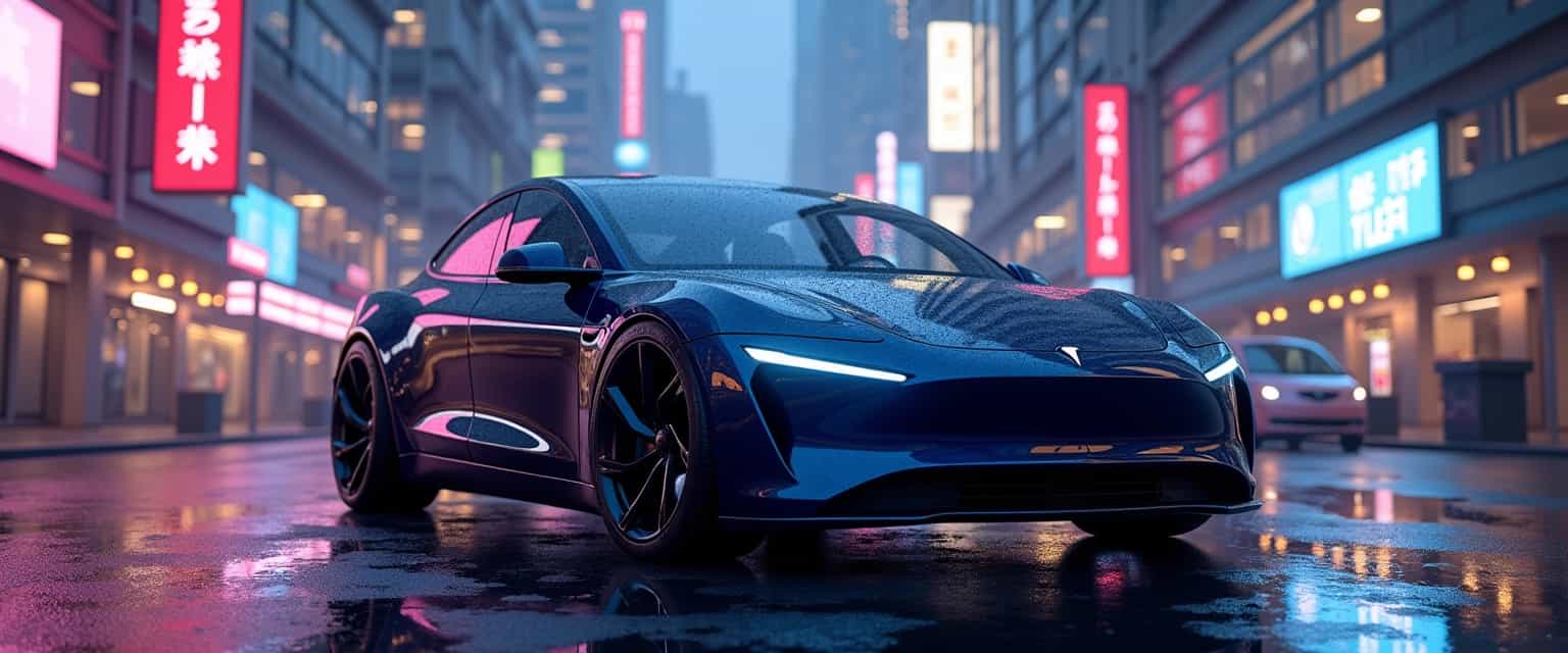 disney style, A sleek and futuristic Tesla Model Y parked in an ultra-modern urban environment at twilight. The car's glossy, metallic midnight blue paint reflects the ambient city lights, highlighting its aerodynamic curves and sharp lines. The scene is lit by a combination of glowing neon signs and soft streetlights, casting a vibrant but moody atmosphere. The background features towering skyscrapers with illuminated windows, sleek glass facades, and an intricate grid of streets below, adding complexity to the urban jungle setting. The car is positioned at a slight angle from the front, showing off its iconic Tesla emblem and LED headlights. The ground is slick with recent rain, creating reflective puddles that enhance the sense of depth and realism. Capture this scene using a wide-angle lens from a low vantage point to emphasize the car's presence within the futuristic cityscape.