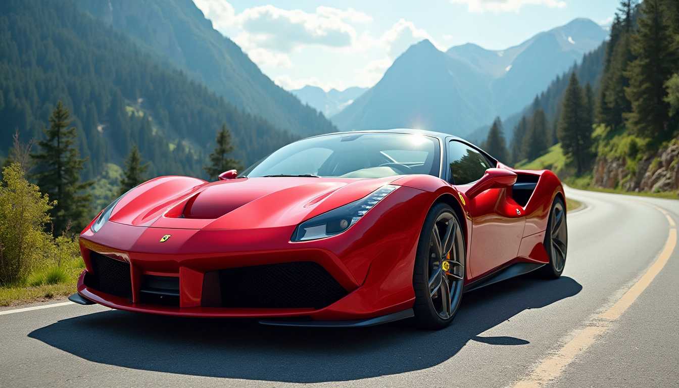 A sleek, modern Ferrari sports car, glistening under the bright midday sun. The car's vibrant red paint is glossy and flawless, with metallic highlights reflecting the sunlight. Parked on a winding mountain road, the Ferrari’s aerodynamic curves and aggressive stance are perfectly framed by a backdrop of lush green forests and a clear blue sky. The sunlight casts sharp, dynamic shadows, emphasizing the car's sharp lines and contours. The image has a hyper-realistic quality, akin to a high-definition automotive advertisement, with every detail from the tire treads to the shine of the alloy wheels meticulously captured. The car is positioned slightly off-center, angled towards the viewer to showcase its imposing front grille and sleek profile. The overall mood conveys power, speed, and luxury, set in an idyllic yet thrilling natural environment. The image style is reminiscent of high-end automotive photography, with impeccable clarity and vibrant, true-to-life colors.