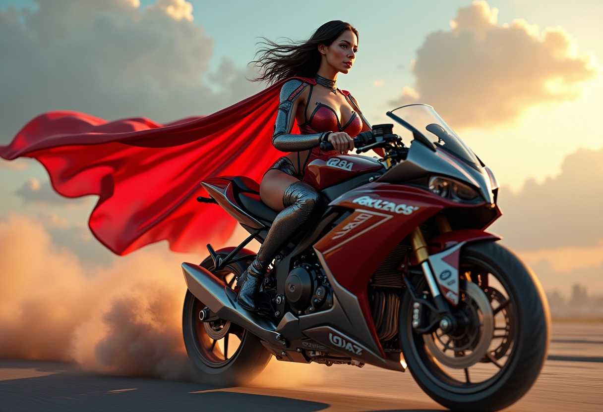 masterpiece, ultra realistic 8k CG, perfect artwork, ((perfect female figure)), superwoman, cape, sexy.fly, Torn clothes, laser power, riding a Kawasaki motorcycle