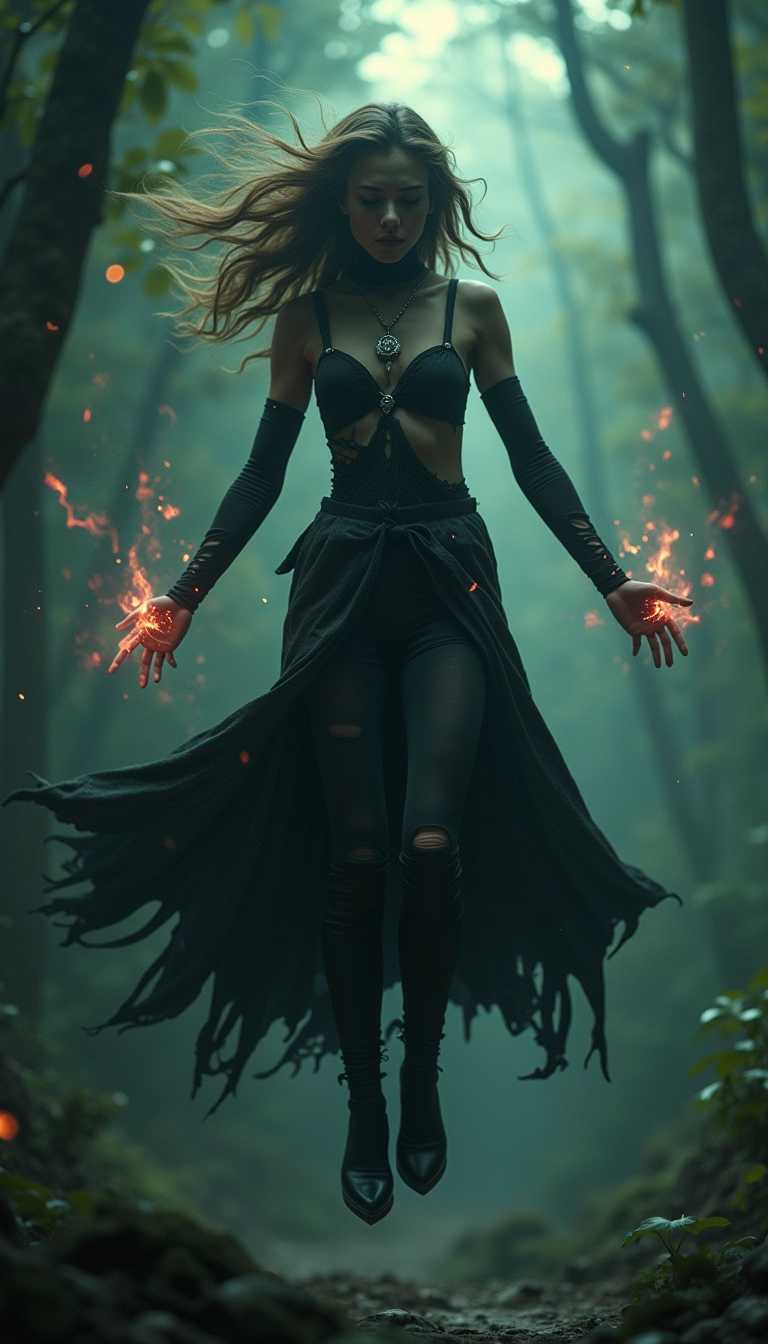 featuring a perfect female figure with occult influences. She flies with torn clothes, wielding laser powers enhanced by dark, esoteric symbols. The ultra-realistic, high-resolution image should evoke a sense of mystical strength and eerie beauty in a cinematic style."