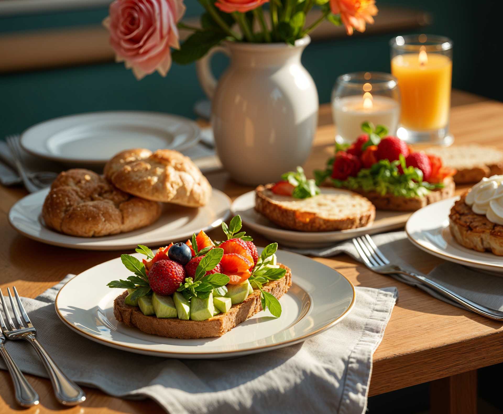 An inviting breakfast spread with a variety of breads, fruits, and a touch of elegance.