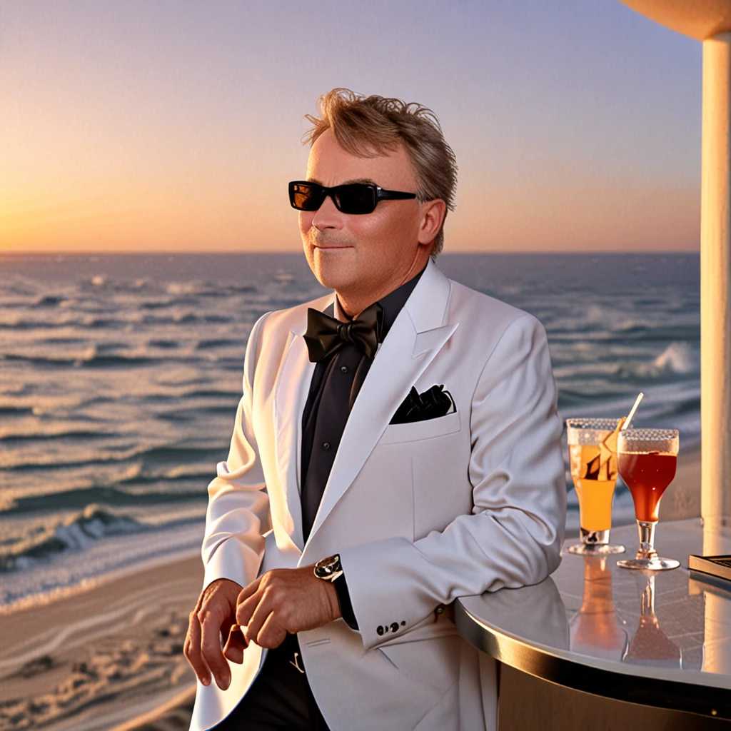 man sitting at Ritz-Carlton restaurant in the evening, detailed face, high resolution, warm ambient light, neon sign says Ritz-Carlton casino, black toxido, luminos cocktail drink 60 years old cloonie hair color gray tones, 
