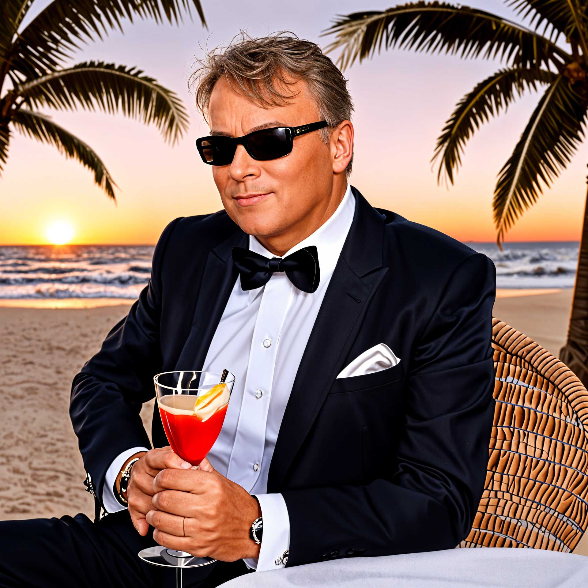 Beachside Elegance: A Man in a Tuxedo with a Cocktail at Sunset