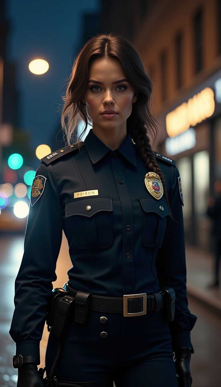 "Create an 8K hyper-realistic image of a police woman standing in a city street at night. She should have a strong, determined expression and be dressed in a detailed, modern police uniform with a badge and radio. The image should capture intricate details, including the texture of her uniform, the reflections of streetlights on her gear, and the subtle nuances of her facial features. The background should feature city buildings and dim street lighting to enhance the realism and atmosphere of the scene."