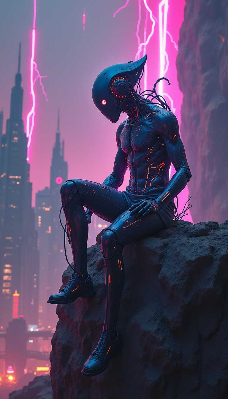 "A cyberpunk humanoid figure perched on a rugged rock, illuminated by vibrant neon hues. The figure is a blend of organic and mechanical elements, with glowing circuitry and neon accents. The background showcases a futuristic cityscape with towering structures and a chaotic, electrified ambiance."