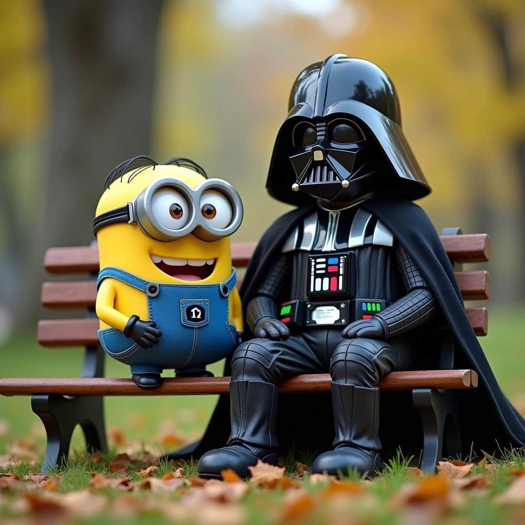 A minion with Darth Vader, both sitting on a park bench.