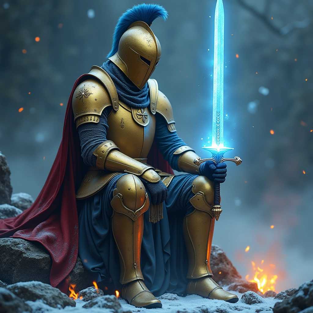 Create a medieval fantasy scene with a knight in ornate golden armor, sitting solemnly on rocky terrain. The knight is wearing a red cape and has a blue plume in their helmet. They are holding a glowing, translucent blue sword that hovers above the ground, illuminating the surrounding mist. The atmosphere is cold and somber, with falling snowflakes and embers scattered around. The lighting is moody and dramatic, highlighting the textures of the armor and the sword.