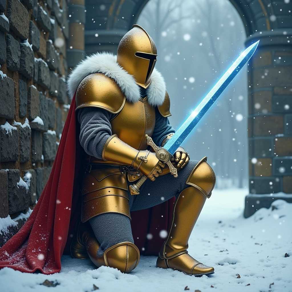 An armored knight in shining golden plate armor, adorned with a red cape and a white fur trim, kneels before an ancient stone wall. He holds a radiant, glowing blue sword with an ornate hilt, as snowflakes descend from the overcast sky, blanketing the scene in a serene, mystical winter wonderland.