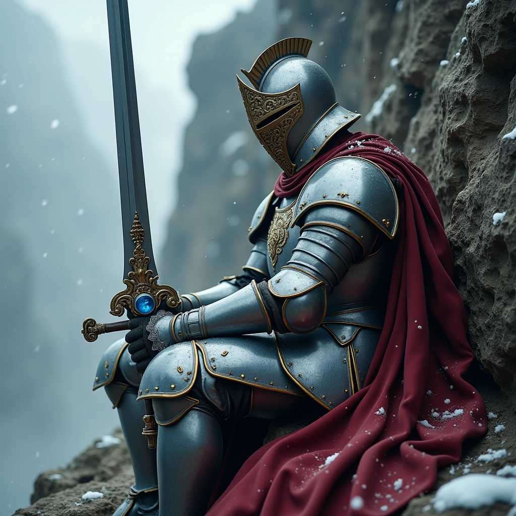 Create a medieval fantasy scene with a knight in ornate armor sitting against a rugged cliff. The knight is wearing a detailed suit of plate armor with a prominent crest on the helmet. The armor has a mix of metallic grays and gold accents. The knight is holding a large, intricately designed sword with a blue gemstone in the hilt. The knights cape is a deep red, billowing slightly in the wind. The background is misty and rocky, with falling snowflakes adding to the atmosphere. The lighting is moody and dramatic, highlighting the textures and contours of the armor and the rugged landscape.